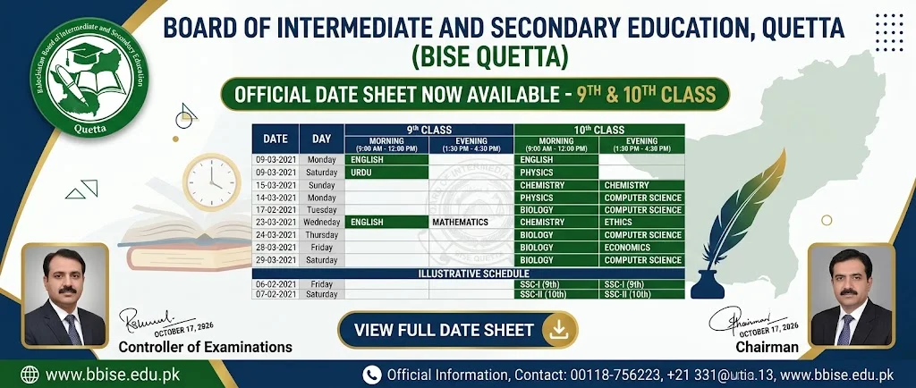 BISE Quetta 9th and 10th Class Date Sheet